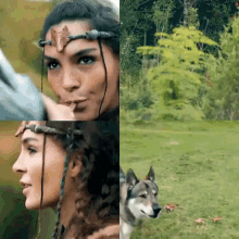 a woman with a crown on her head is standing in a field with a wolf .