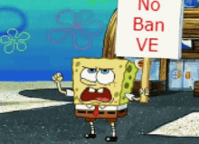 a cartoon character holding a sign that says " no ban ve "