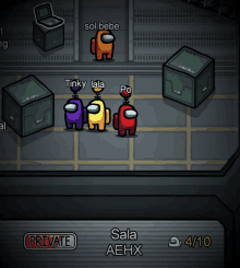 three among us characters are in a room with boxes and a private button