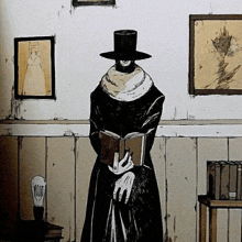 a man in a top hat is reading a book in a room