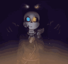 a drawing of a skeleton with two different colored eyes standing in front of a dark background .