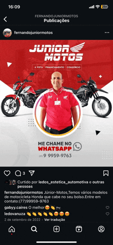 a phone screen shows a picture of a man in a red shirt with the words junior motos on it