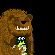 a pixel art drawing of a lion holding a person