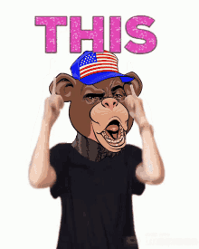 a monkey wearing an american flag hat is giving the middle finger in front of the word this