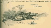 a black and white drawing of a crocodile wearing a sombrero and a quote by c.m. russell