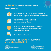 a blue poster from the world health organization advising people to be smart and inform themselves about #coronavirus