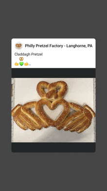 a picture of a pretzel with the words philly pretzel factory at the top