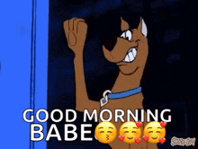 scooby doo from the scooby doo cartoon is waving at the camera and saying good morning babe .