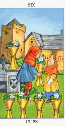 a tarot card shows a man and woman holding six cups