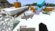 a screenshot of a minecraft game shows a wolf and a person with a diamond helmet