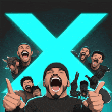 a group of men giving a thumbs up in front of an x