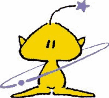 a yellow cartoon character with a star on his head is holding a purple ring around his waist .