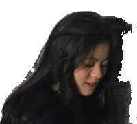 a close up of a woman 's face with long black hair on a white background .