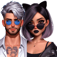 a man and a woman wearing sunglasses and a cat ear necklace