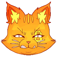 a cartoon drawing of an orange cat with a bitcoin symbol on its nose