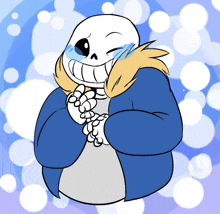 a cartoon drawing of a skeleton with a blue jacket