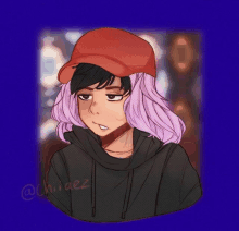 a drawing of a girl with pink hair wearing a red cap