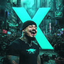 a man is laughing in front of a large x in a city