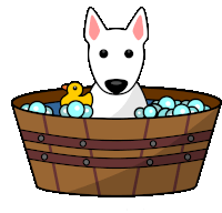 a dog is taking a bath in a wooden bucket with bubbles and a yellow rubber duck