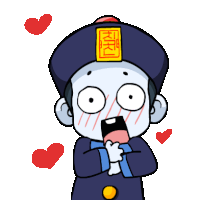 a cartoon drawing of a boy with hearts around him and a hat with a chinese symbol on it