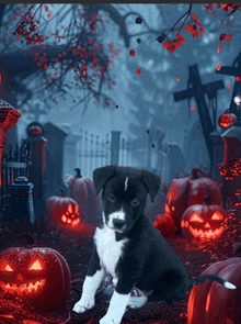 a black and white puppy is sitting in a cemetery with pumpkins