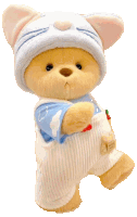 a teddy bear wearing a cat costume and overalls