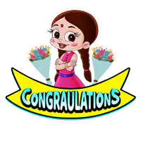 a cartoon girl is holding a bouquet of flowers behind a banner that says congratulations