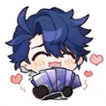 a chibi boy with blue hair is holding a fan in his hand and surrounded by hearts .