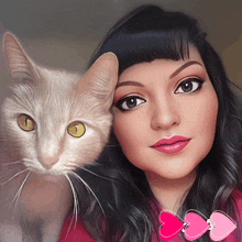 a woman is posing for a picture with a cat and three pink hearts