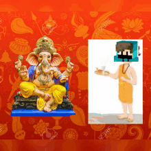 a picture of a statue of ganesha and a picture of a man holding a tray