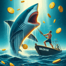 a shark is attacking a man in a boat with balon168 written on it