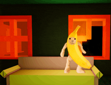 a stuffed banana is standing on a couch in front of two windows