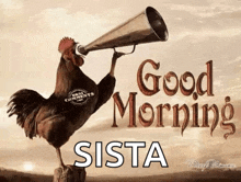 a rooster is holding a megaphone and says good morning sista