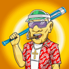 a cartoon of a man holding a baseball bat that says pumpy on it