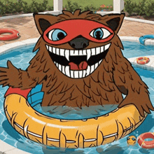 a cartoon drawing of a monster in a pool wearing a mask