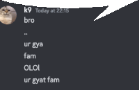 a screenshot of a chat between k9 and ur gya fam