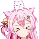 a girl with long pink hair and a white cat on her head .