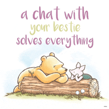 winnie the pooh and piglet laying on a log with the words " a chat with your bestie solves everything " on the bottom