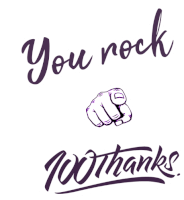 a purple hand pointing with the words " you rock 100 thanks " below it