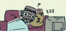 a cartoon of a man laying on a couch holding a bag of money with a dollar sign on it