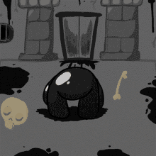 a black cartoon character is standing in a room with skulls and a bone