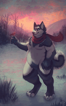 a drawing of a husky with a scarf and a bird in his hand