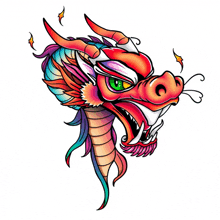 a colorful drawing of a dragon with a rainbow tail