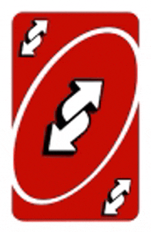 a red uno card with two white arrows pointing in opposite directions