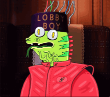 a cartoon character with a purple hat that says lobby boy on it