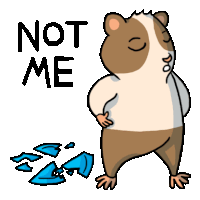 a cartoon of a guinea pig standing next to a broken glass that says not me on it