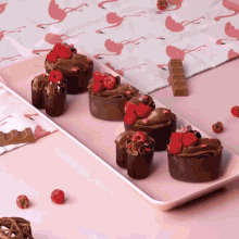 a tray of chocolate desserts with raspberries on top of them