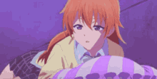 a girl with orange hair and purple eyes is laying on a purple and white striped blanket