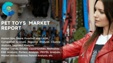 a woman in a red jacket is standing in front of a sign that says pet toys market report