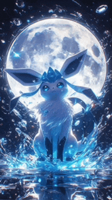 a pokemon eevee is sitting in the water in front of a full moon .